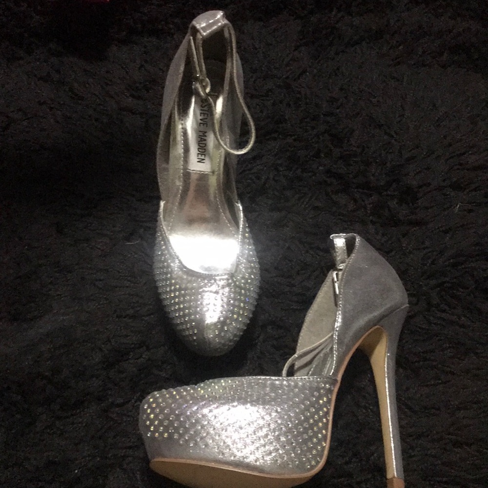 Silver ankle strap heels